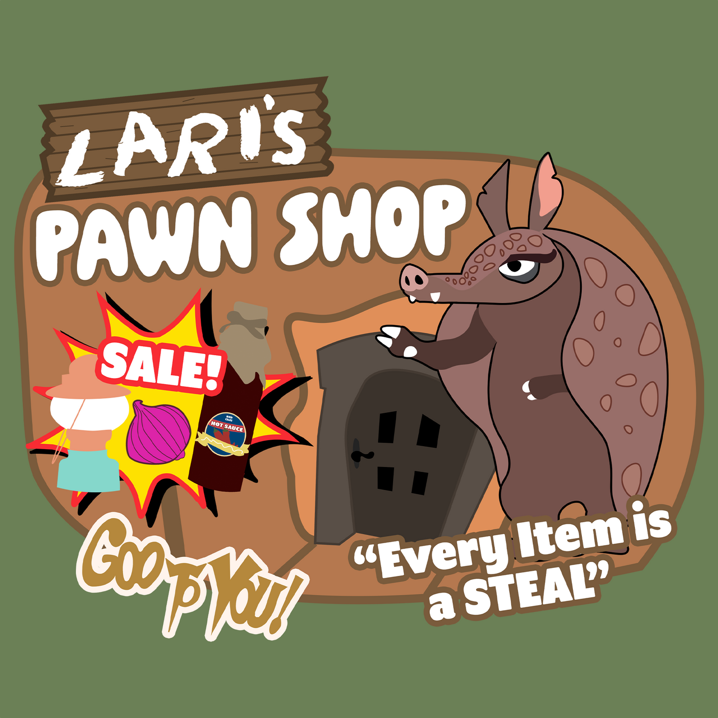 "Lari the Armadillo's Bayou Pawn Shop" T-Shirt