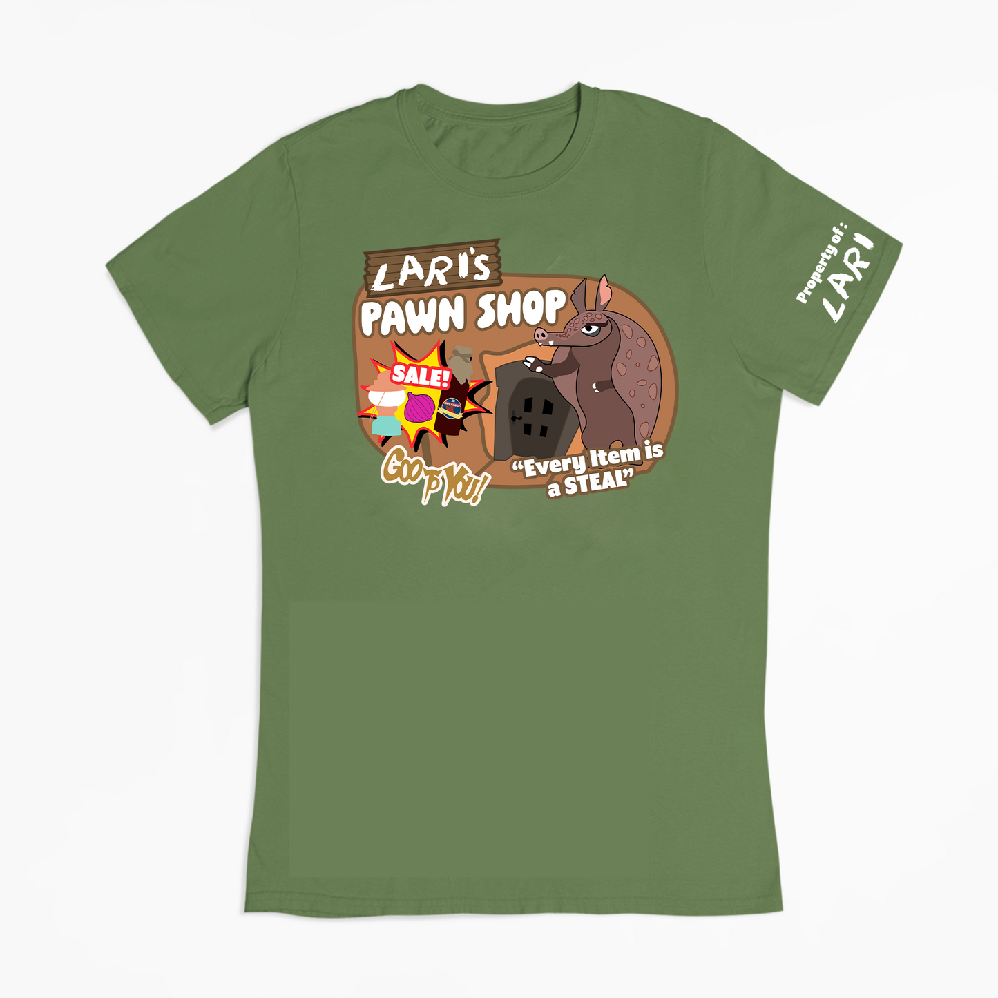 "Lari the Armadillo's Bayou Pawn Shop" T-Shirt